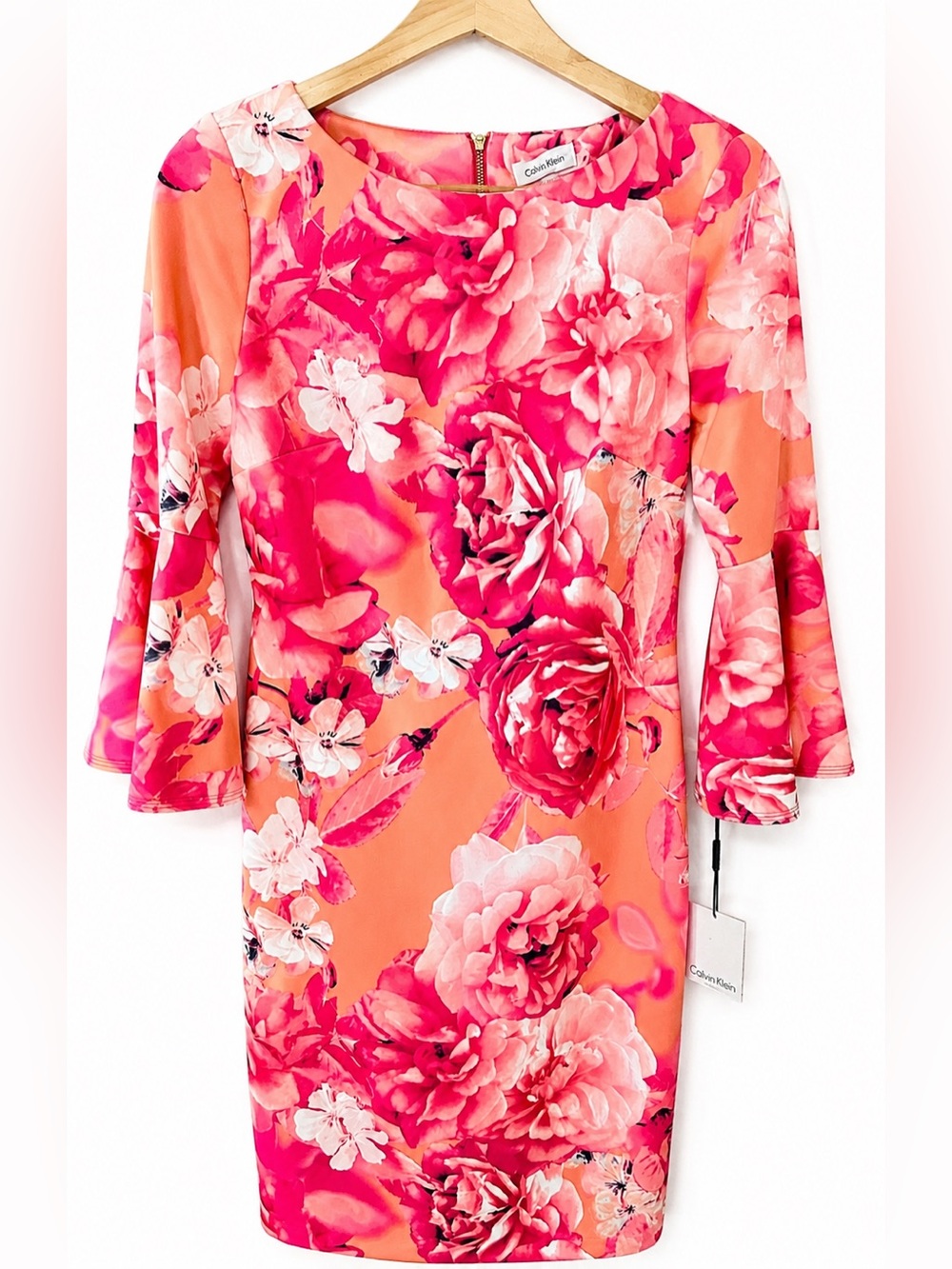 NWT-Calvin Klein Sheath Coral & Hot Pink Floral Midi Dress-Size 6